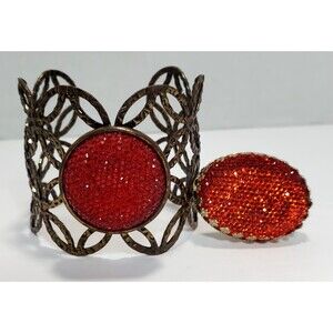 Vtg Floral Lattice Cuff & Ring Set Red Jewel Adjustable Statement  Adjustable